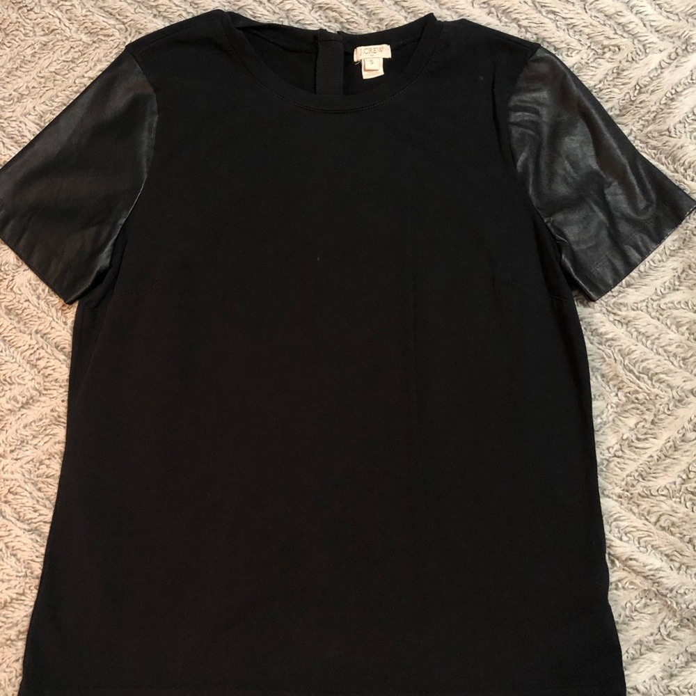 JCrew blouse with faux leather sleeves